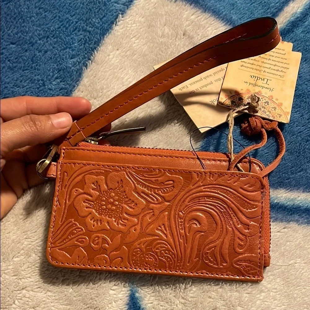 Embossed Leather Wristlet in Rich Brown